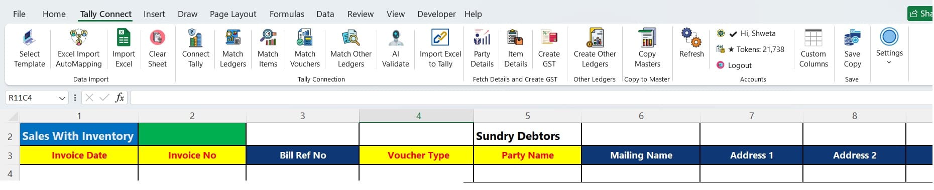 TallyConnects Excel Add-in showing invoice import with AI validation toolbar